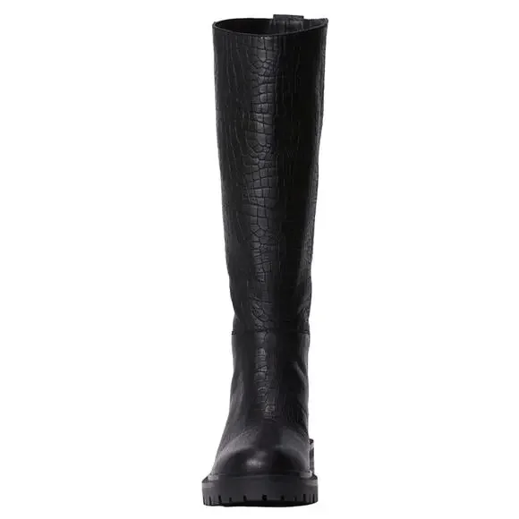 Paige Bella Black Tall/Knee High Boots Sz 9.5 Croc Embossed Leather Lug Sole New
